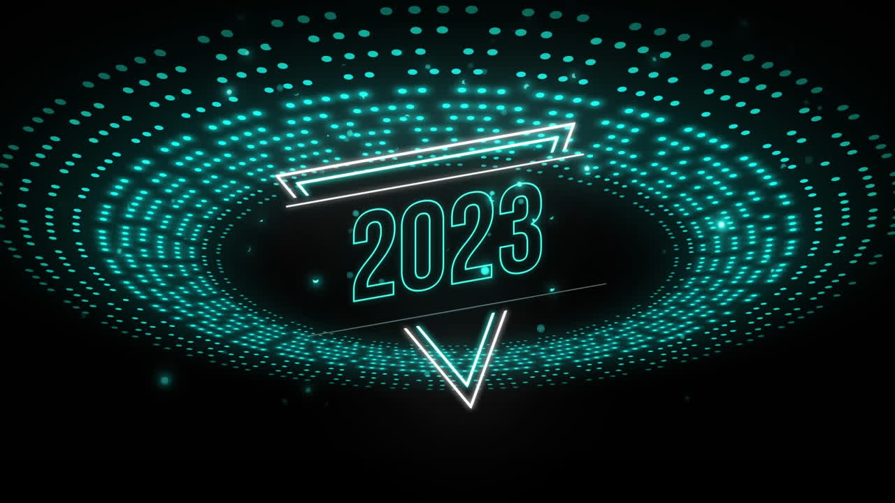 Animation of 2023 text over flashing blue light pattern