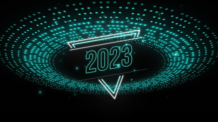 Animazione del testo 2023 su un motivo di luci blu lampeggianti