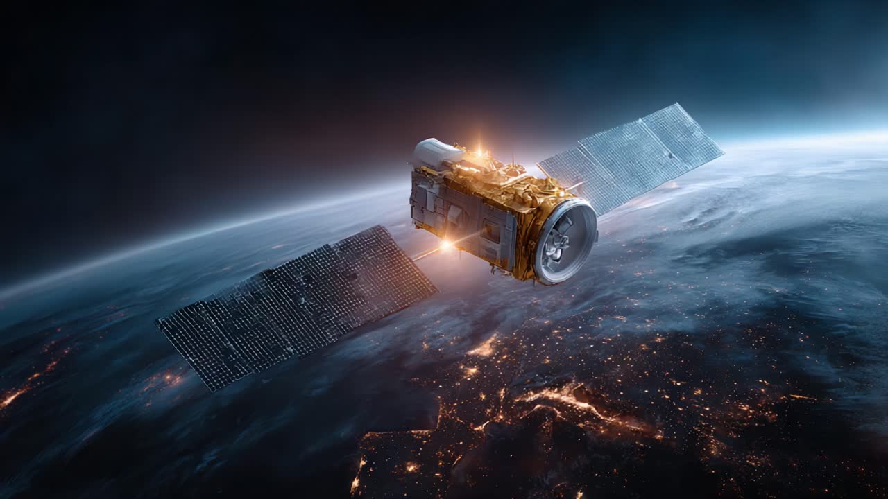 Una vista mozzafiato di un satellite in orbita attorno alla Terra, catturata dallo spazio, che mostra i pannelli solari e il bagliore notturno della Terra sullo sfondo