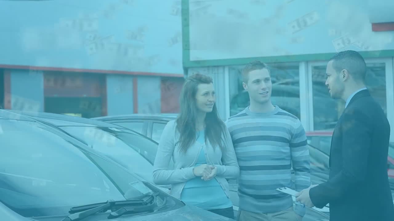 남성 자동차 판매자와 함께 백인 부부 위를 날아다니는 미국 달러 지폐의 애니메이션