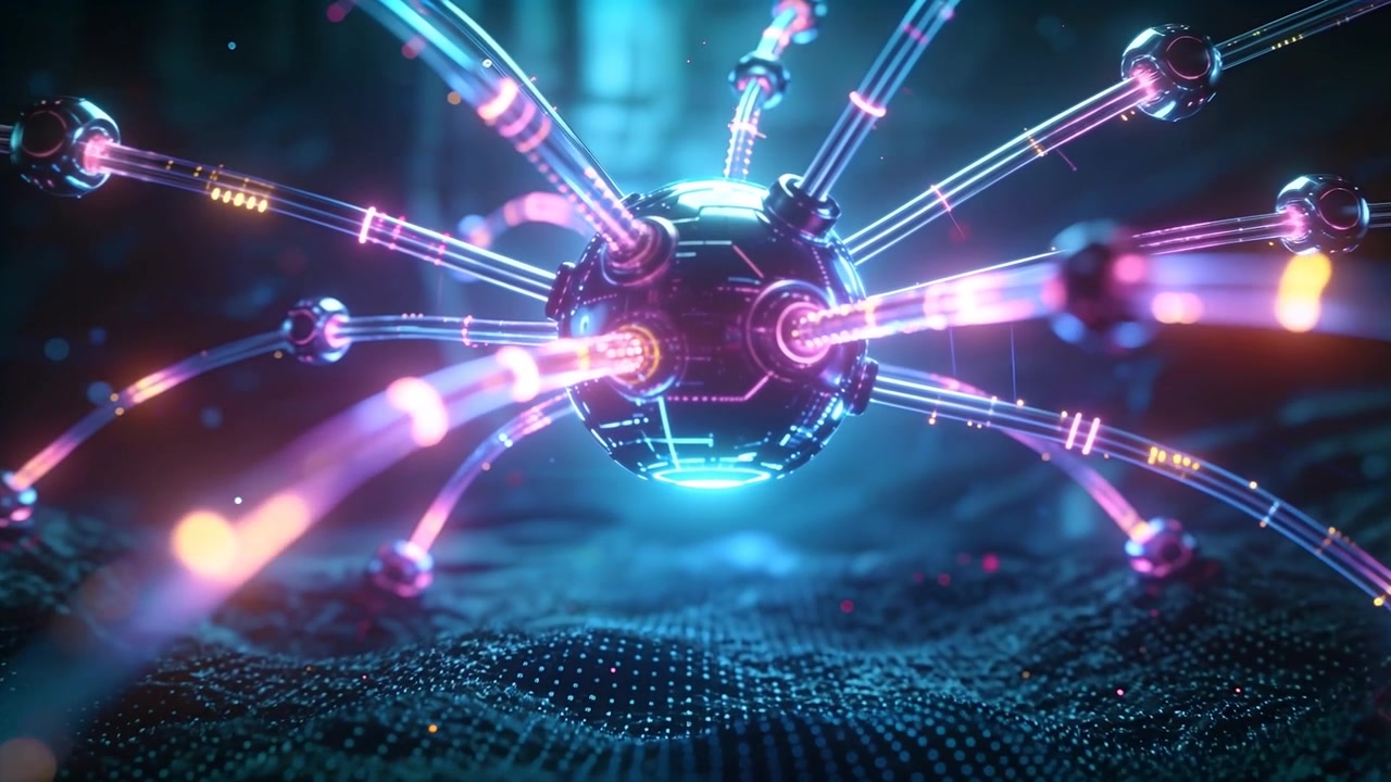 Sfera centrale che riceve il segnale di avvio, si alimenta sopra una griglia punteggiata e invia luce attraverso filamenti.