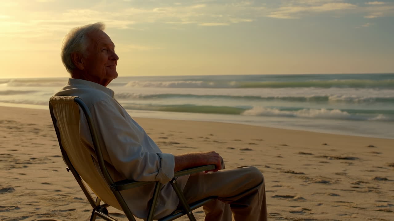 Hombre Mayor Sentado en la Playa al Atardecer, Silla Plegable Frente al Océano en Calma, Olas Suaves Lamiendo la Orilla, Cálido.