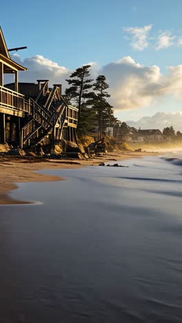 beautiful coastal sunset with beach houses and gentle waves