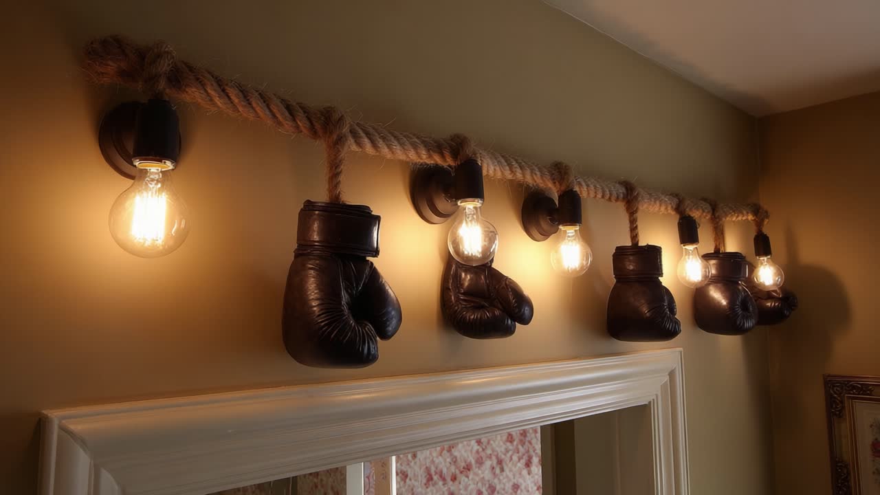 A Unique Lighting Design Featuring Vintage Boxing Gloves Decorated Alongside Edison Bulbs for a Stylish and Sporty Ambiance