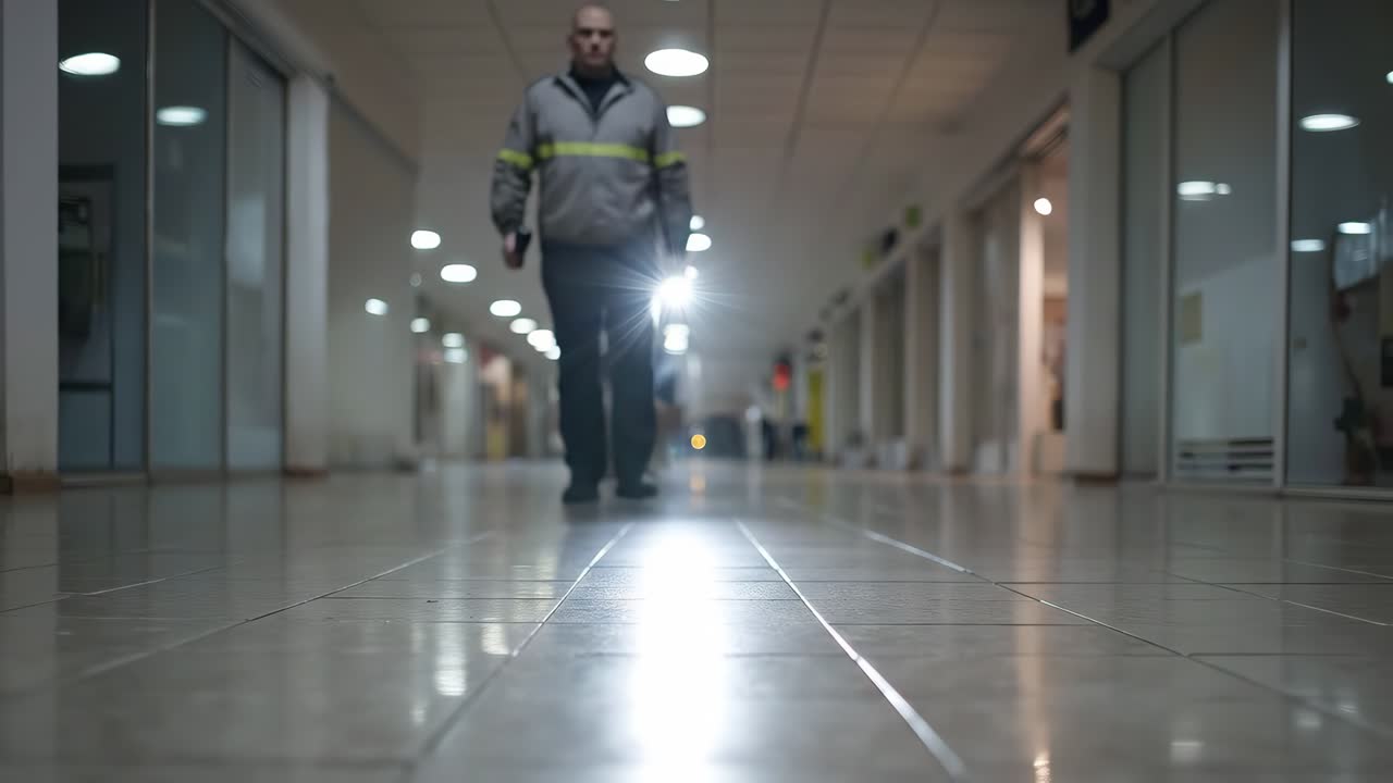 uomo che cammina lungo il corridoio con pavimento riflettente