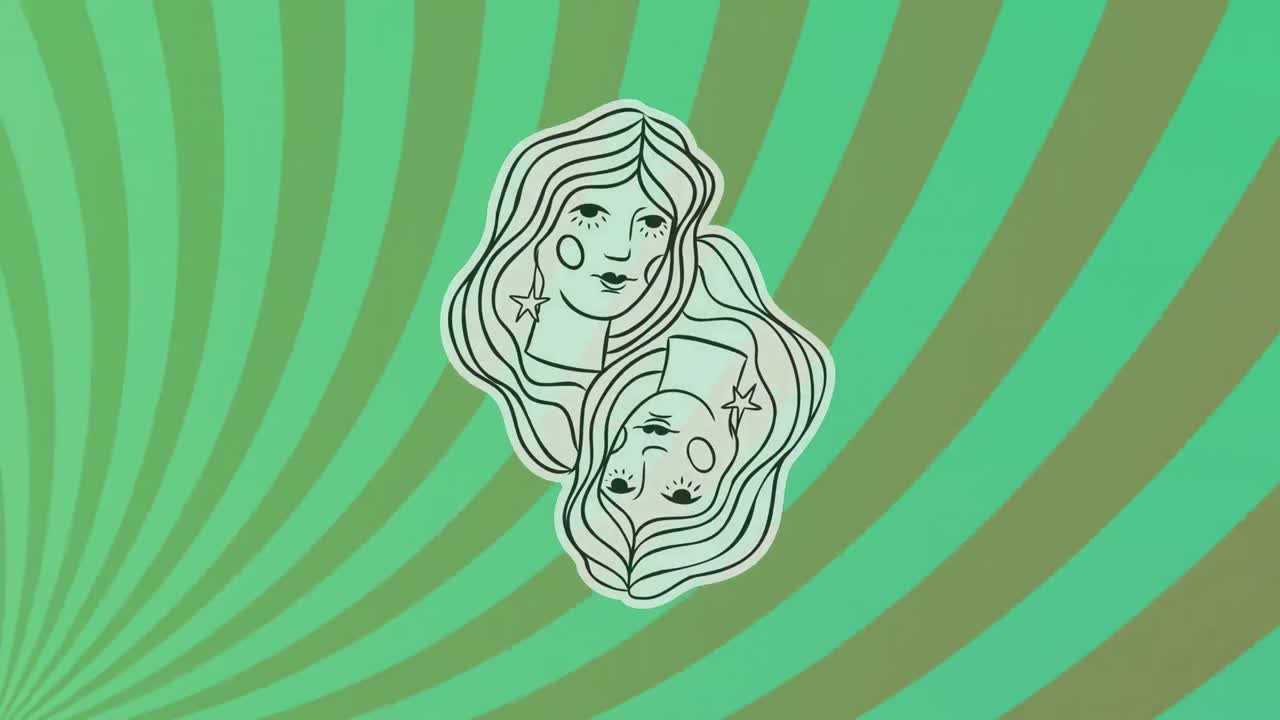 Animation of gemini symbol over rotating striped green background