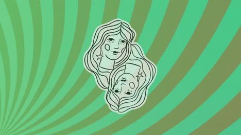 animatie van het gemini-symbool op een roterende gestreepte groene achtergrond