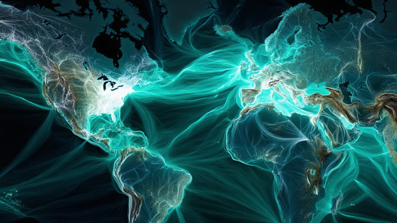 Animated world map illustrating global connections with glowing lines representing data streams, flight paths, or shipping routes, symbolizing international networking and globalization