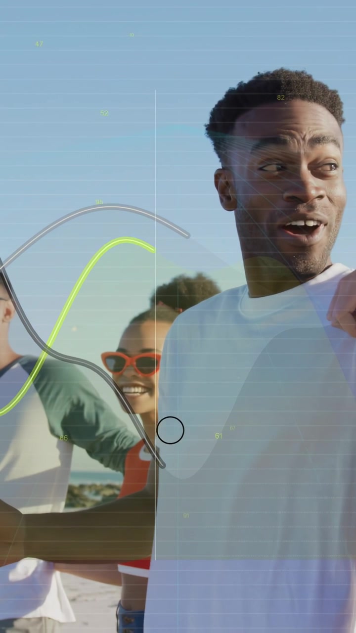 Vertical video: Man in white tee laughing with group, camera panning, neon lines over frame for ads