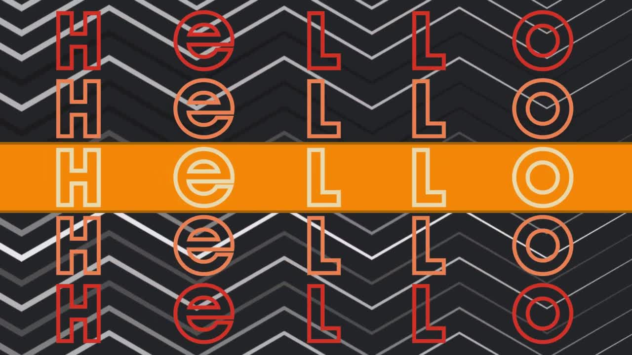 animación del texto de saludo repetido sobre líneas en fondo negro