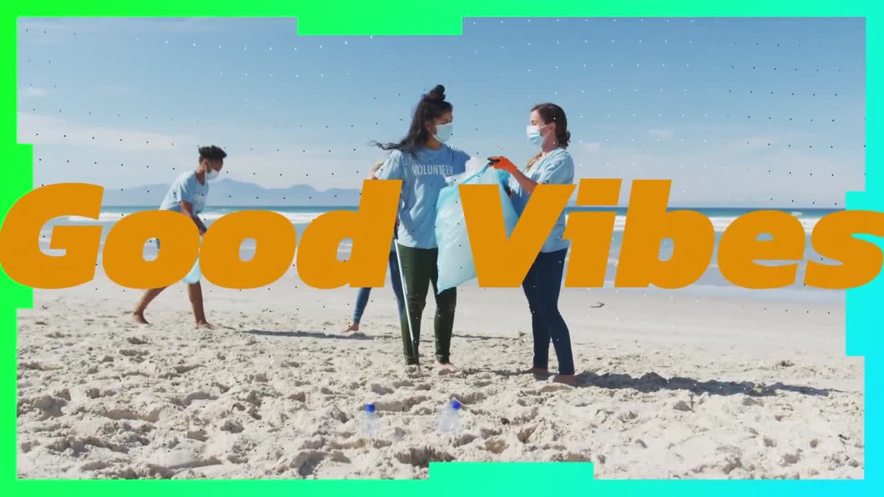 animación de buenas vibraciones texto sobre diversos voluntarios limpiando la playa