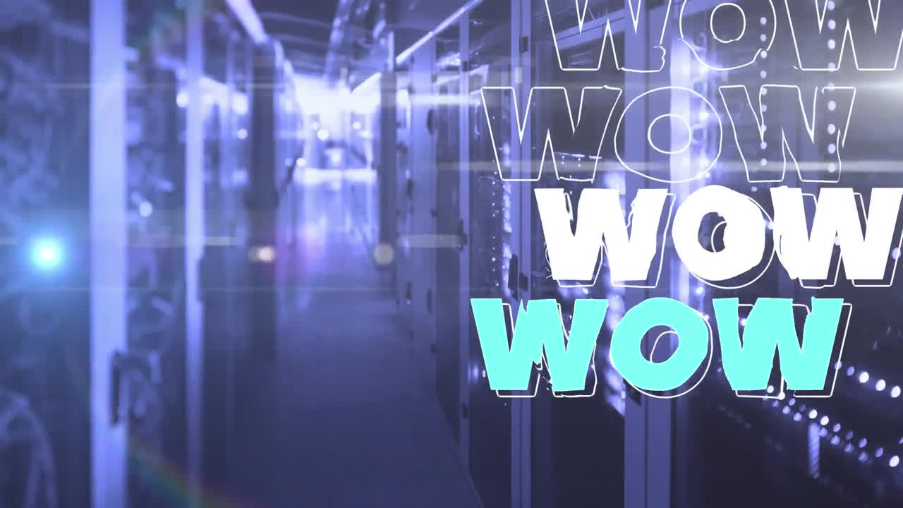 컴퓨터 서버에서 윤 ⁇ ,  ⁇ 색 및 파란색으로 반복되는 wow 텍스트의 애니메이션