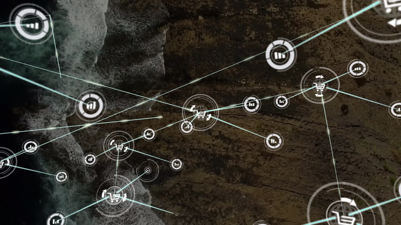 바다 전망 위의 아이콘과 연결 네트워크의 애니메이션
