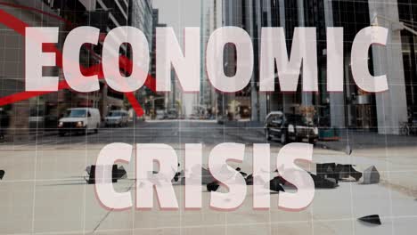 Wirtschaftskrisentext-Und-Rote-Diagramme,-Die-Sich-Vor-Dem-Fallenden-Und-Brechenden-Dollarsymbol-Bewegen