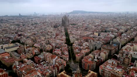 a wide-angle view and cinematic aerial drone shot of barcelona city center