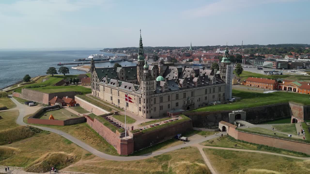 Kronborg Castle - Drone Far Pan with Danish Flag