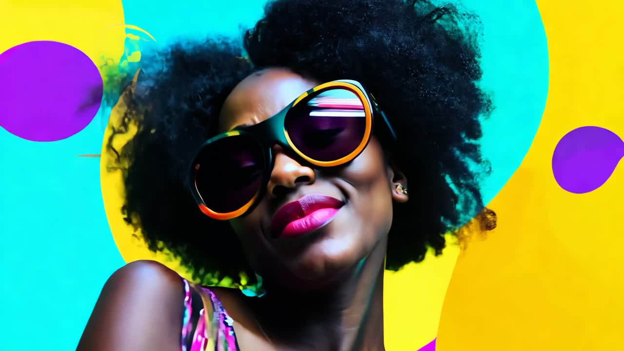 una mujer con cabello afro con gafas de sol y un fondo colorido