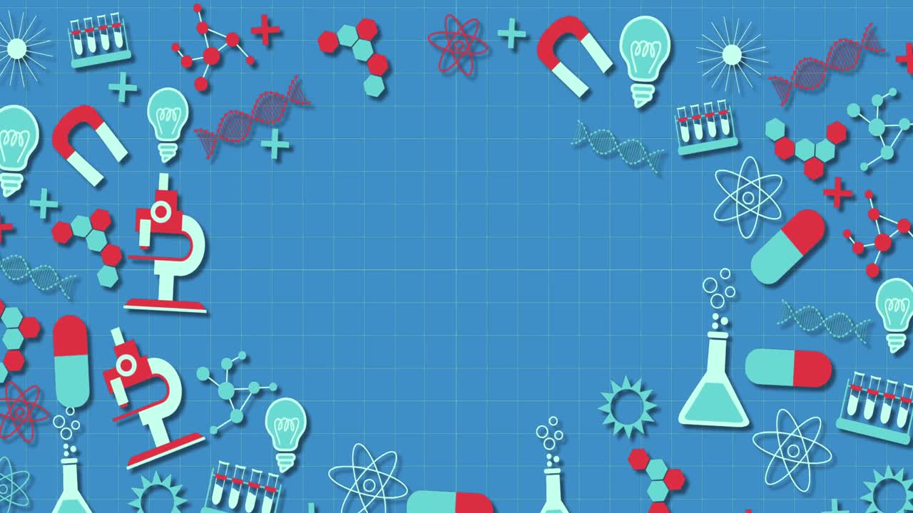 복사 공간과 함께 파란색 배경에 여러 과학 개념 아이콘의 애니메이션