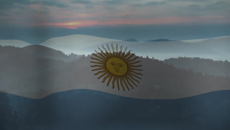 argentinian flag animation over misty mountain landscape at sunrise