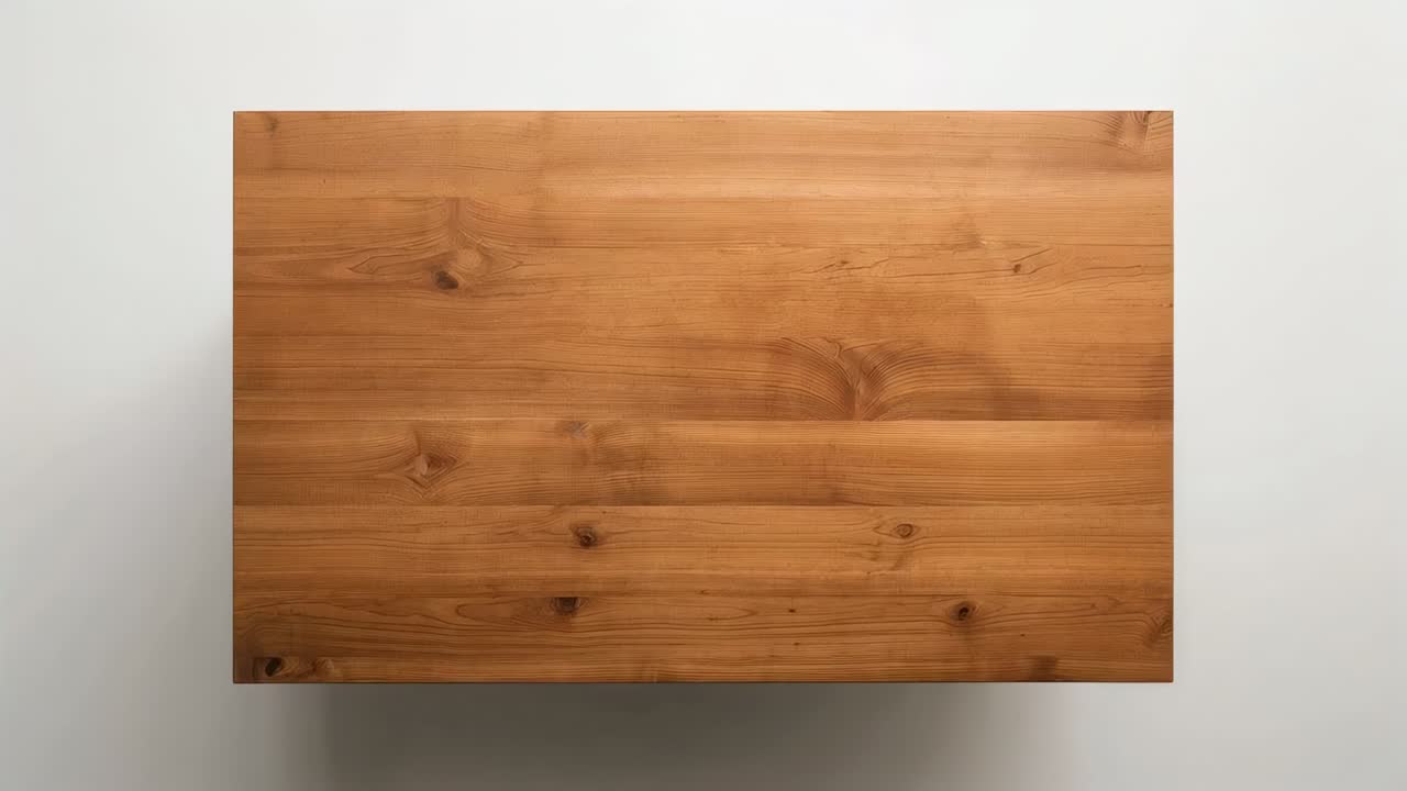 Spostamento della telecamera che rivela un piano del tavolo rettangolare in legno centrato in studio, che mostra venature e nodi