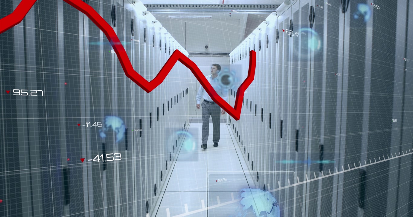 Animation of data processing with red line in a server room