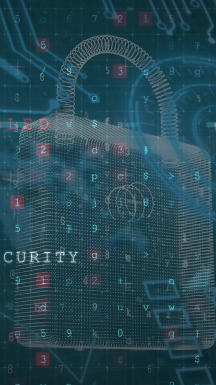 Animazione di un'interfaccia digitale con lucchetto di sicurezza su sfondo scuro