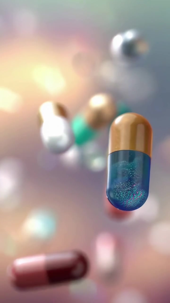 Capsule di medicinali vivaci che fluttuano su uno sfondo sfocato