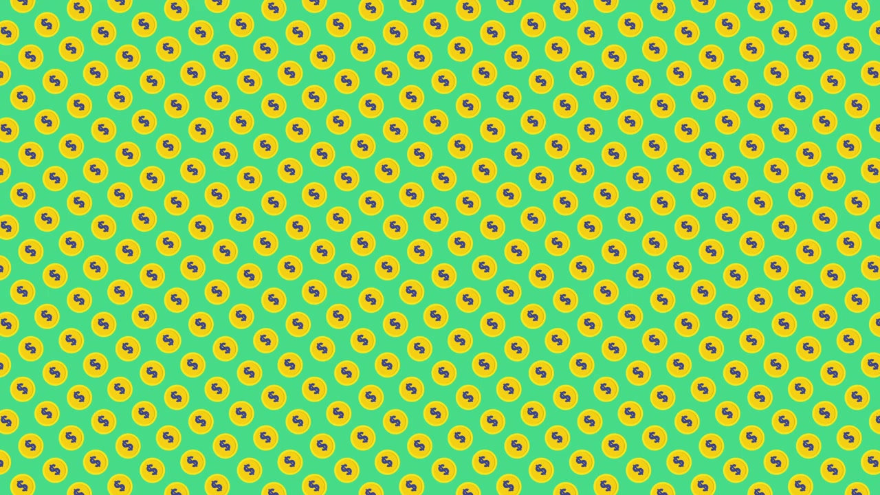 Animated Pattern of Rotating Dollar Sign Coins on Green Background