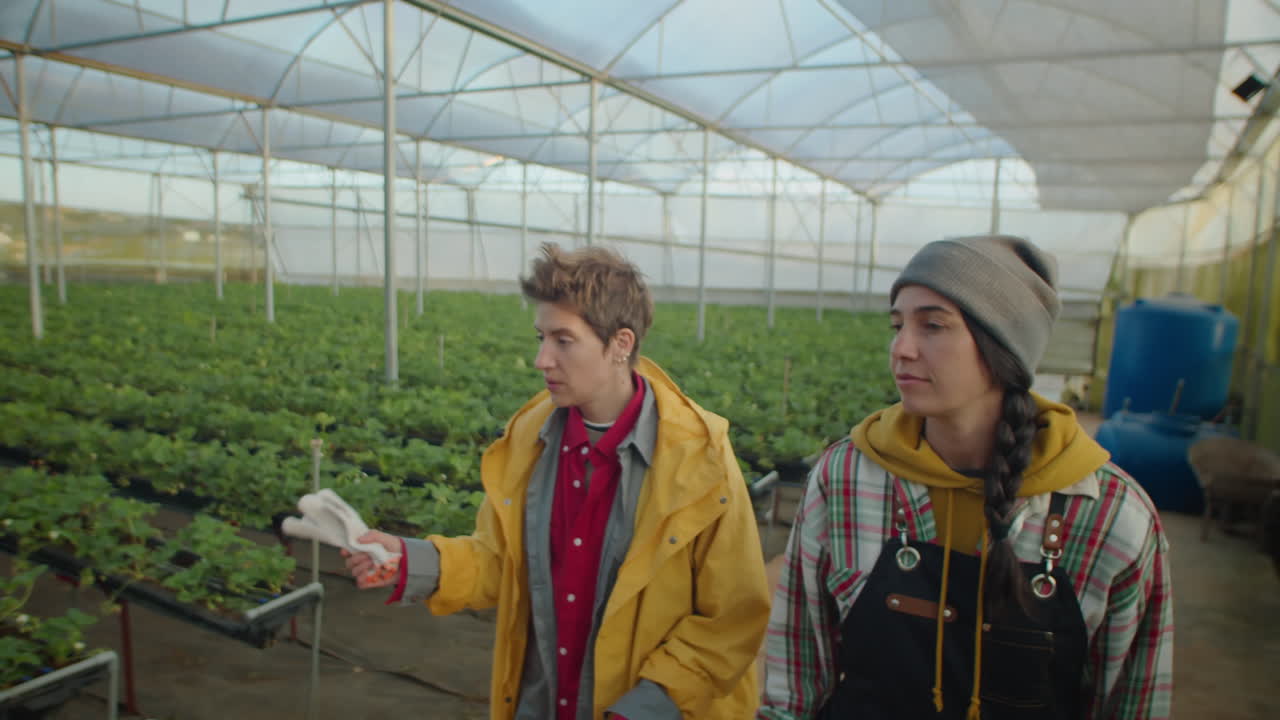 Female Farm Workers Walking in Greenhouse and Speaking