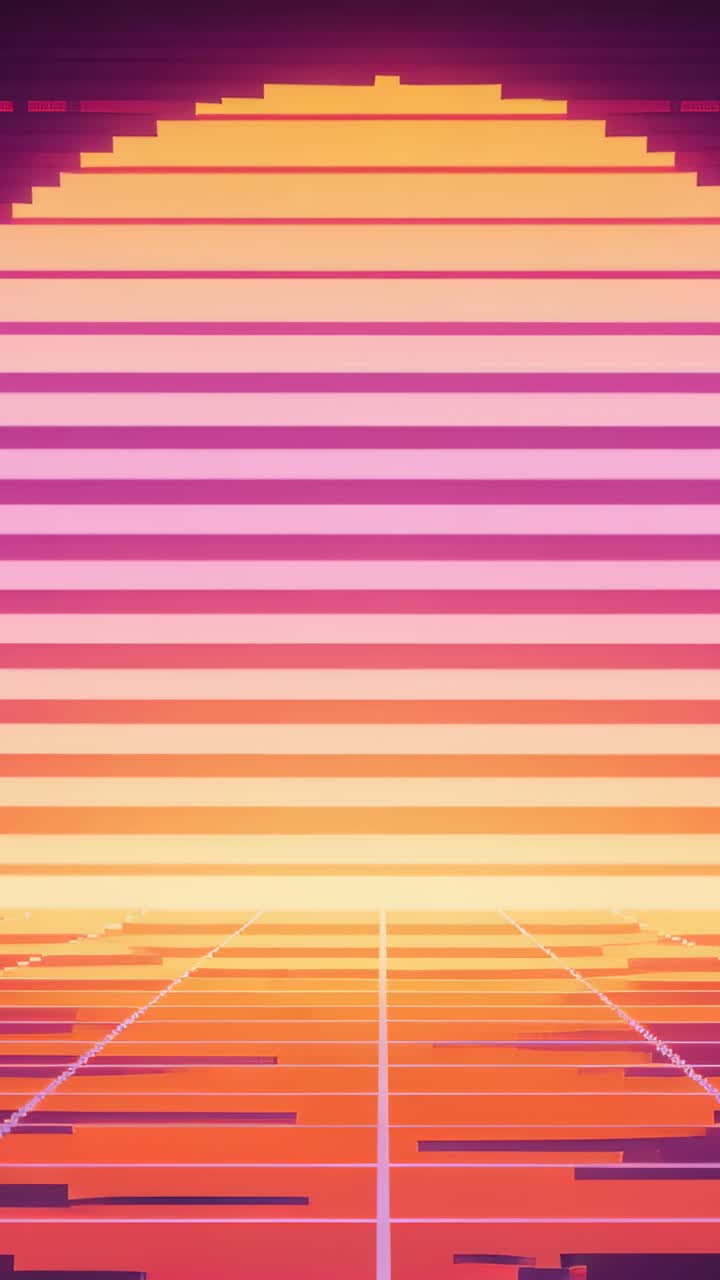 Video verticale: Bande in movimento che animano un sole pixelato su una griglia al neon, con barre di glitch scorrevoli in loop.