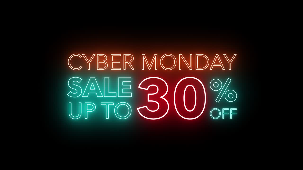 Animazione lampeggiante di un banner in movimento con insegna al neon colorata e fiammeggiante per la svendita del Cyber Monday con sconti fino a una certa percentuale, su sfondo nero, per video promozionale. Concetto di serie di promozioni del marchio con sconti dal 10 al 90%.