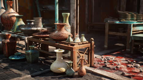 table covered in vases on rug