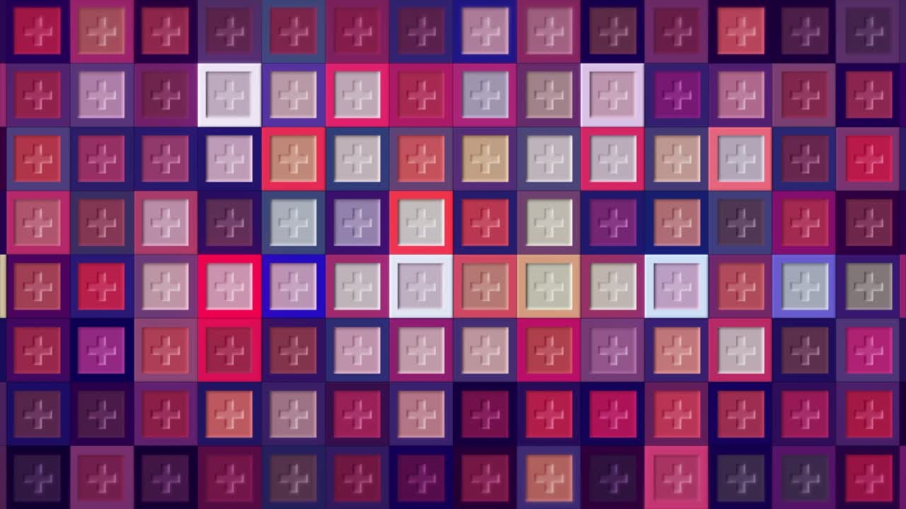 cuadrados abstractos rosados y púrpuras con cruces médicas que brillan al azar. movimiento. más signo dentro de formas cuadradas, bucle sin costuras