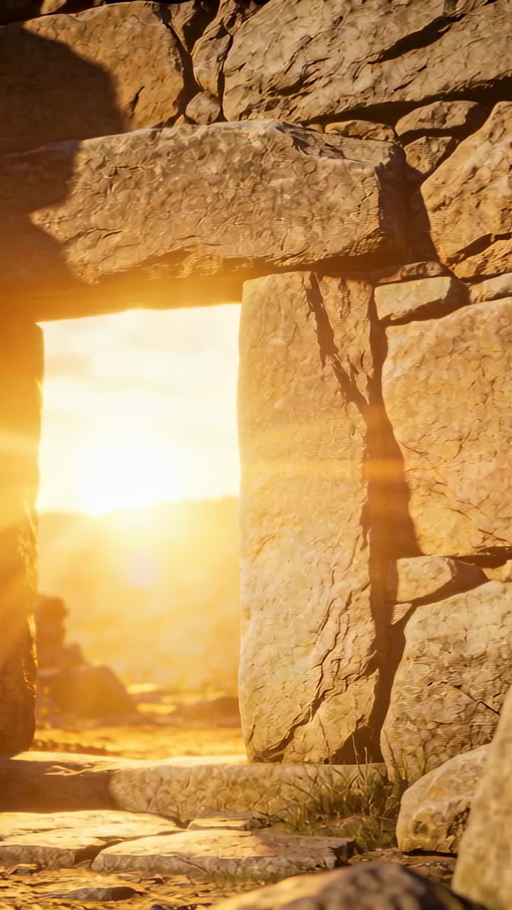 Video verticale: Inquadratura di un portale in pietra mentre il sole sorge, rivelando una pianura rocciosa, erba e un bagliore