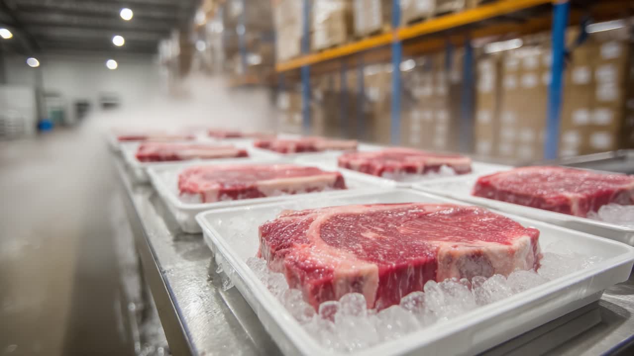 Warehouse Display of Freshly Packaged Meats on Ice Trays, Showcasing High-Quality Cuts Ready for Distribution in a Controlled Environment