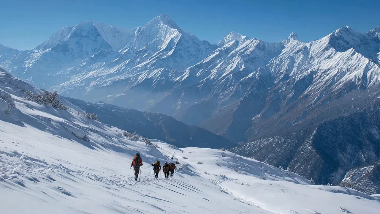 Escursionisti esperti fanno trekking su montagne innevate in una giornata limpida