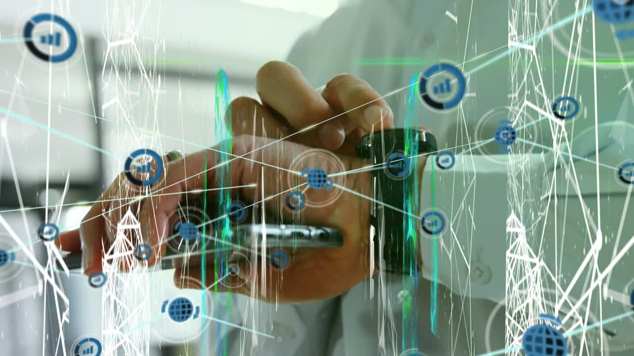 animación de la red de conexiones a través de una persona que utiliza un teléfono inteligente