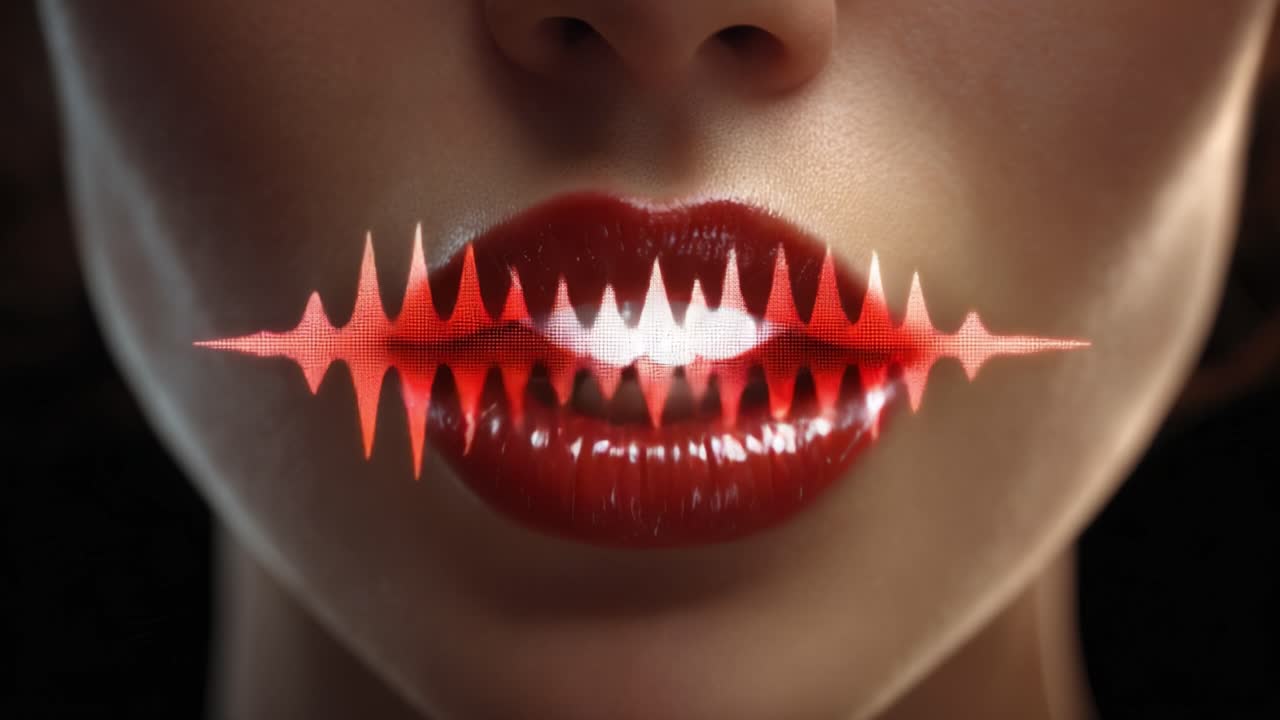 Un primo piano accattivante delle labbra di una donna, che mostra un vibrante colore rosso e una straordinaria visualizzazione a onde sonore che rappresenta la sua voce ed espressione uniche.