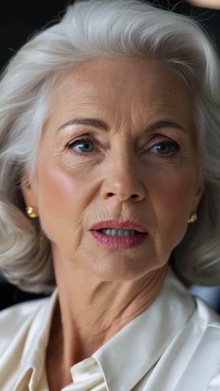 Graceful silver-haired woman in profile, calm and poised. She gazes thoughtfully, eyes soft and reflective. Elegant white collar and subtle gold earrings complete her look