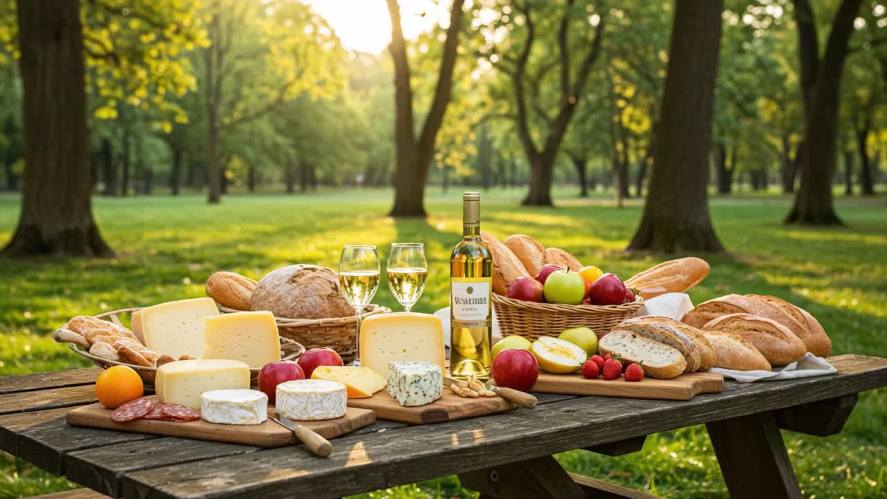 A Luxurious Outdoor Picnic Spread Featuring Artisan Cheeses, Fresh Bread, Fruits, and Sparkling Wine in a Serene Park Setting at Sunset