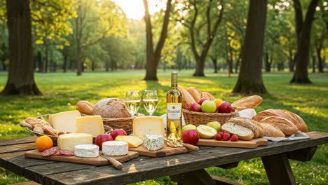 a luxurious outdoor picnic spread featuring artisan cheeses, fresh bread, fruits, and sparkling wine in a serene park setting at sunset