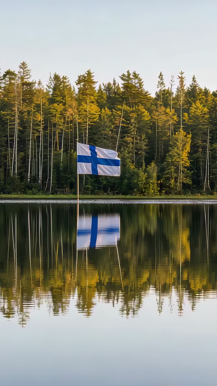 Vídeo vertical: bandeira finlandesa tremulando em mastro na margem do lago na brisa, distorcendo o reflexo