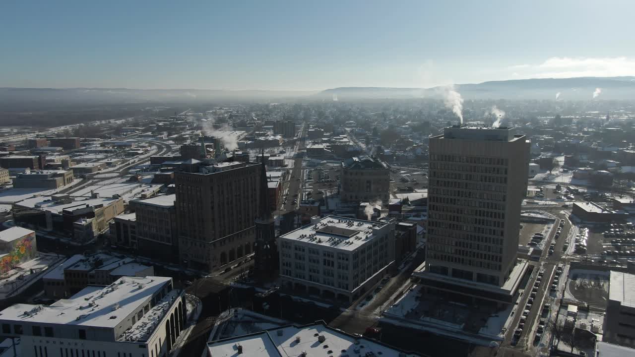 Downtown Utica Aerial Drone on cold winter morning, looking southeast to Genesee Street