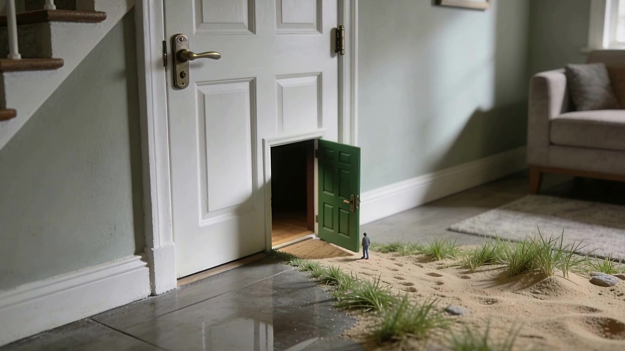 Opening miniature door swinging from slight gap on home floor, figure watching showing doormat
