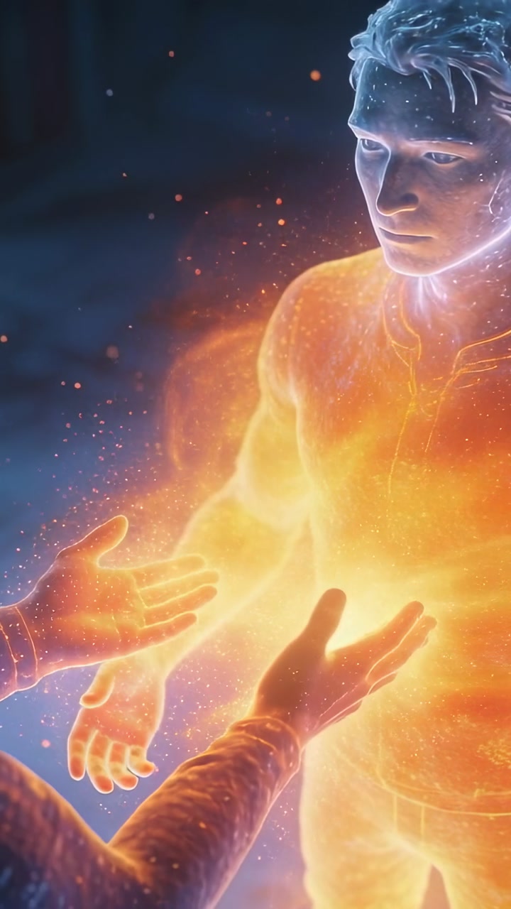 Vertical video: Extending sleeved hands starting chest glow in glowing form in dark mist, healing