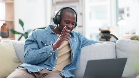 Happy,-sofa-and-black-man-with-music