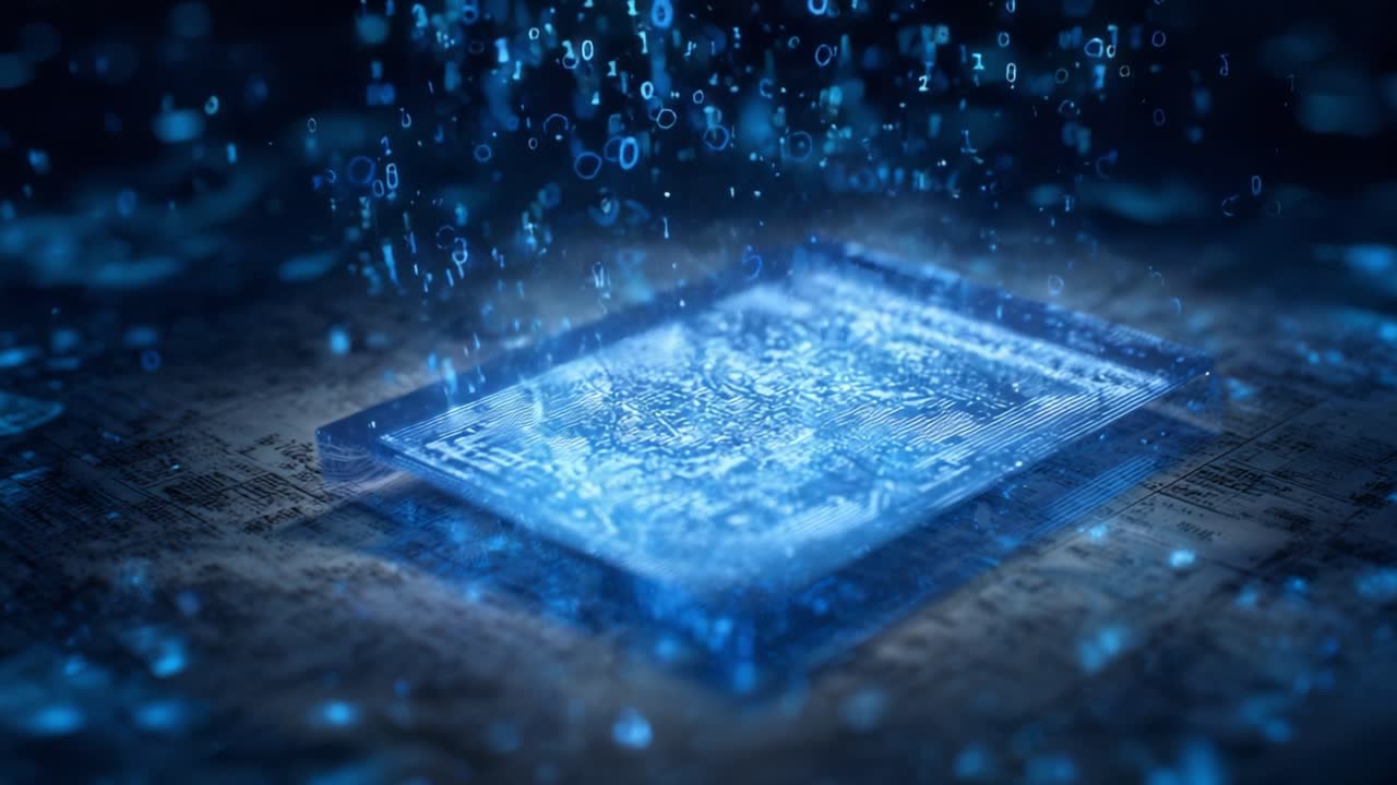 Futuristic central processor unit performing complex calculations with binary code flowing and glowing in a powerful visualization of digital data processing, artificial intelligence, and computing