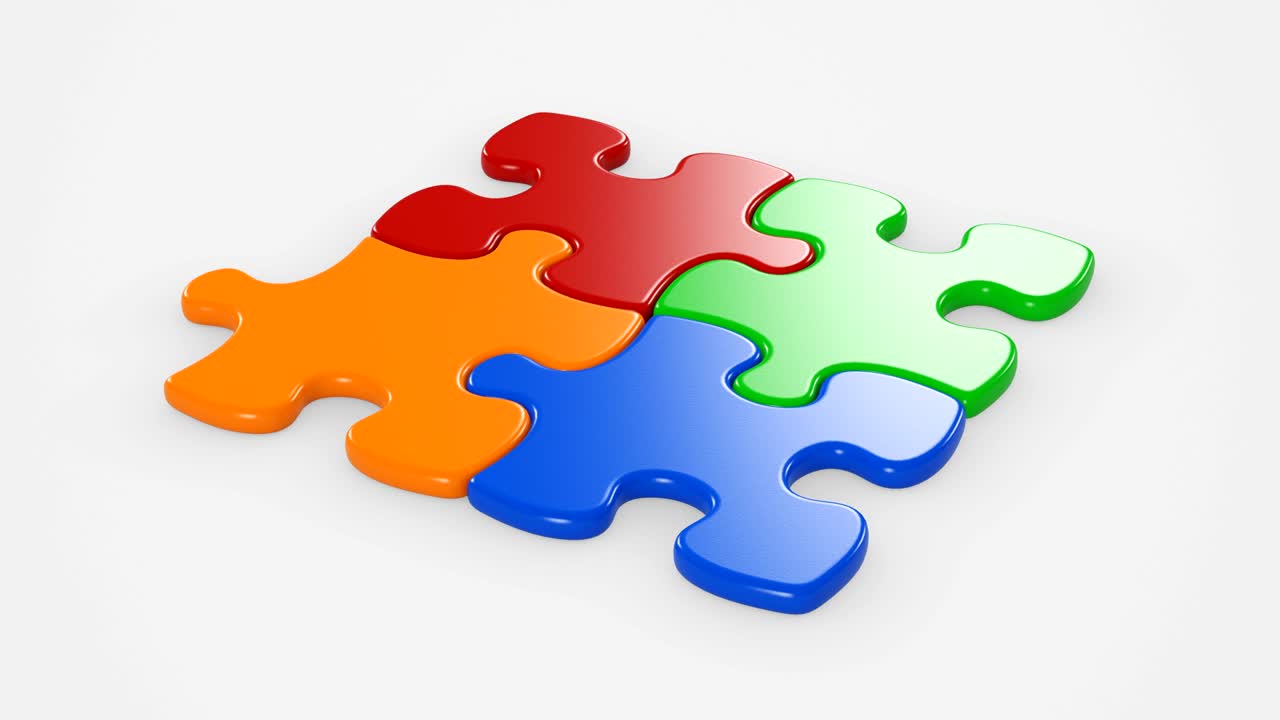 hermosas piezas de rompecabezas de colores cayendo sobre la mesa. unir animación 3d. concepto de negocio de colaboración. pantalla verde. máscara alfa.