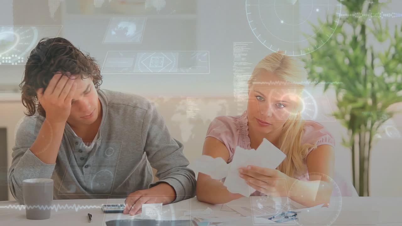Woman picking up sheet, man tapping calc, HUD finance graphs overlaying totals while sorting bills
