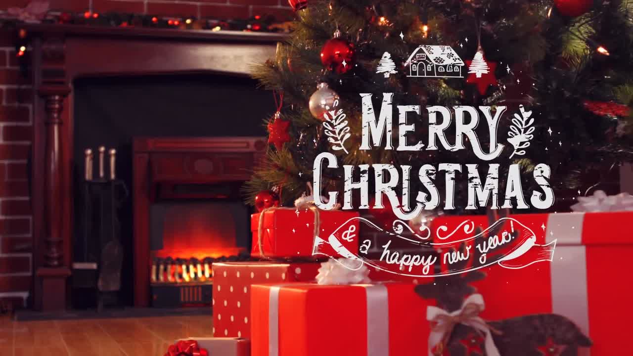 Animation of season's greetings text over presents, fireplace and christmas tree
